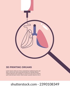 Ein 3D-Drucker druckt den zweiten Teil der Lunge. 3D-Organdruck. Die Medizin der Zukunft. Flache Vektorgrafik.