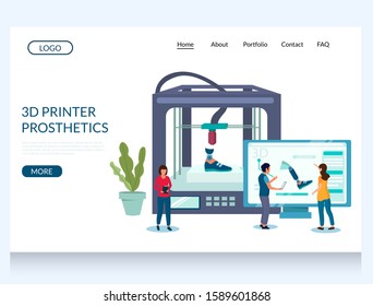 3d printer prosthetics vector website template, web page and landing page design for website and mobile site development. 3d printing medical technology, prototyping of leg prostheses concept.