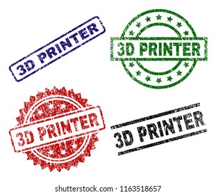 3D PRINTER seal prints with damaged texture. Black, green,red,blue vector rubber prints of 3D PRINTER caption with dirty texture. Rubber seals with circle, rectangle, rosette shapes.