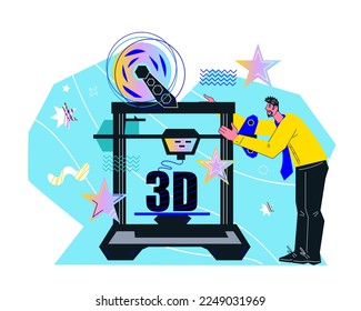 3d printer service banner or poster, cartoon flat vector illustration isolated on white background. Creation and production of 3D models and software development.