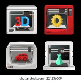 3D Printer Set, with computer software, computer three dimensional set. Digitally generated image vector illustration cartoon.