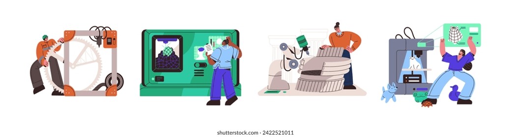3d printer set. People printing architectural plastic model with technology. Production of prototypes, medical implants, prosthesis. Creation of design work. Flat isolated vector illustration on white