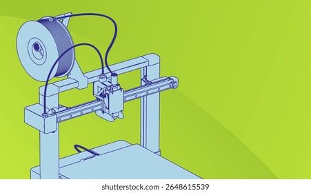 Esboço da impressora 3D em plano de fundo verde brilhante. O desenho vetorial realça seus principais componentes, como o filamento e o cabeçote de impressão. Tecnologia, inovação e manufatura moderna.