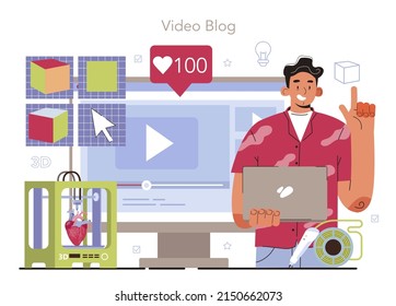 3D printer software development online service or platform. Operating system' programming of 3D printing equipment. Video blog. Flat vector illustration