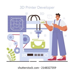 3D printer software development. Operating system' programming of 3D printing equipment for layout or model creation. Flat vector illustration