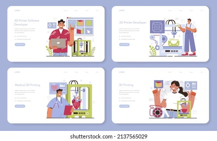 3D printer software development web banner or landing page set. Operating system' programming of 3D printing equipment for layout or model creation. Flat vector illustration