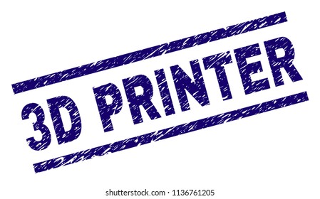 3D PRINTER stamp seal watermark with grunge style. Blue vector rubber print of 3D PRINTER text with grunge texture. Text tag is placed between parallel lines.