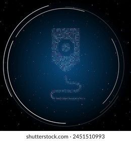 El símbolo de la impresora 3D lleno de puntos blancos. Estilo puntillismo. Algunos puntos son rosas. Ilustración vectorial sobre fondo azul con estrellas