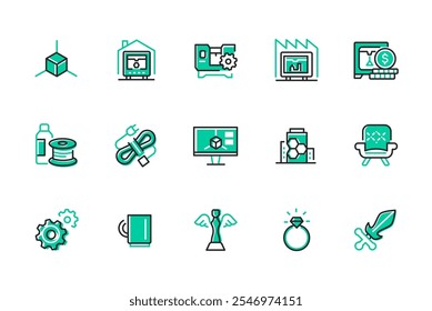 3D printer and technologies - set of line design style icons