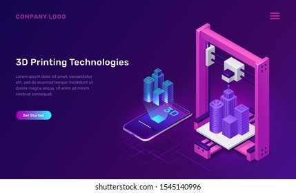 3D printer technology, isometric concept vector illustration. 3D printer prototype manufactures building, dimensional virtual model above mobile phone, screen shows production process, purple banner