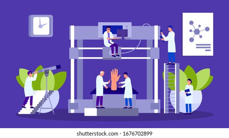 3D printer and tiny people scientists group teamwork with printed volumetric model of human hand vector illustration. Laboratory with equipment 3D bioprinter, telescope, computer. Hand drawn banner.