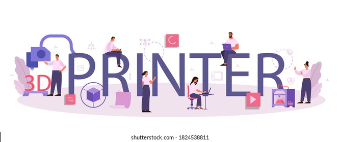 3D printer typographic header. Digital drawing with electronic tools and equipment. 3D printer equipment and engineering. Modern prototyping and construction. Isolated vector illustration