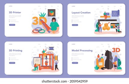 3D printer web banner or landing page set. Digital designer drawing with electronic tools and equipment. Layout or model creation with 3D printing equipment. Flat vector illustration