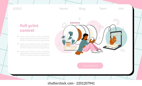 Banner web de impresora 3D o página de inicio. Diseñador digital con herramientas electrónicas que hacen prototipo y construcción. Configuración y preparación de diseño de equipos de impresora 3D. Ilustración vectorial plana