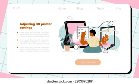 3D printer web banner or landing page. Digital designer with electronic tools making prototype and construction. 3D printer equipment setting and layout preparation. Flat vector illustration