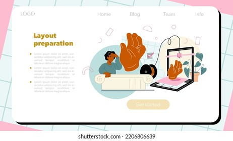 Banner web de impresora 3D o página de inicio. Diseñador digital con herramientas electrónicas que hacen prototipo y construcción. Configuración y preparación de diseño de equipos de impresora 3D. Ilustración vectorial plana