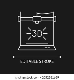 3d printer white linear icon for dark theme. Technological advancement. Additive manufacturing. Thin line customizable illustration. Isolated vector contour symbol for night mode. Editable stroke