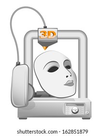 3d Printer And White Mask. Vector Illustration