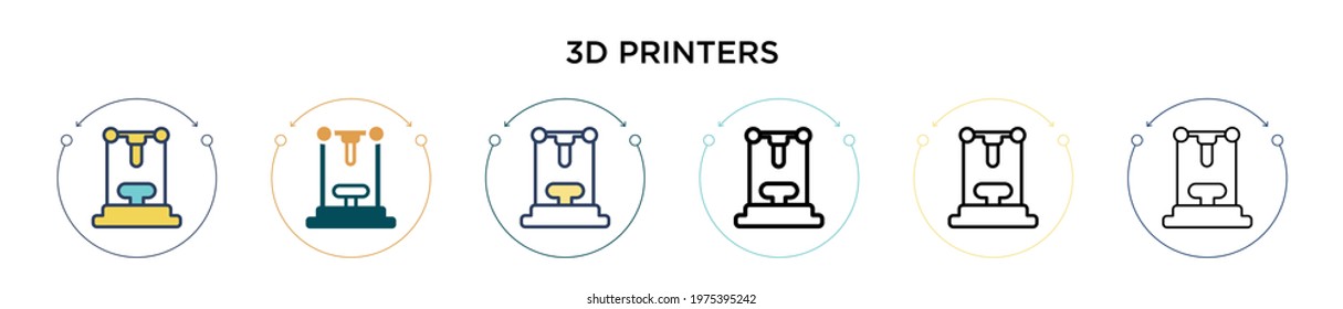 3d printers icon in filled, thin line, outline and stroke style. Vector illustration of two colored and black 3d printers vector icons designs can be used for mobile, ui, web