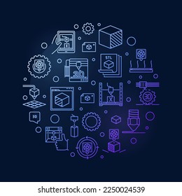 3d Printers and Printing Technology concept round linear blue banner on dark background. Vector illustration 