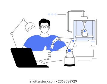 3D printers in robotics abstract concept vector illustration. Professional engineer creating robot using 3D printing model, modern IT technology, manufacturing process abstract metaphor.