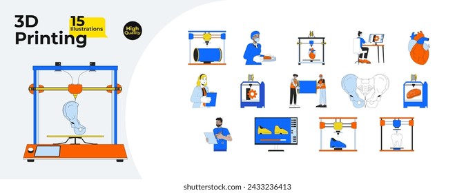 3d printers technicians line cartoon flat illustration bundle. Diverse developers 2D lineart characters isolated on white background. Medicine, fashion, food industry vector color image collection