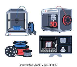 3d printers,plastic wire and computer modeling. 3D printing concept. Devices producing object from polymer. Isolated vector flat illustration.	