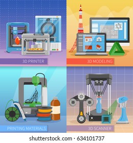 3D printing 2x2 design concept with modeling scanner consumables and printer modifications compositions flat vector illustration