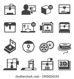 3D Printing, Additive Manufacturing Bold Black Silhouette Icons Set Isolated On White. Fabber Technology, Printer Pictograms Collection. Production Process Vector Elements For Infographic, Web.