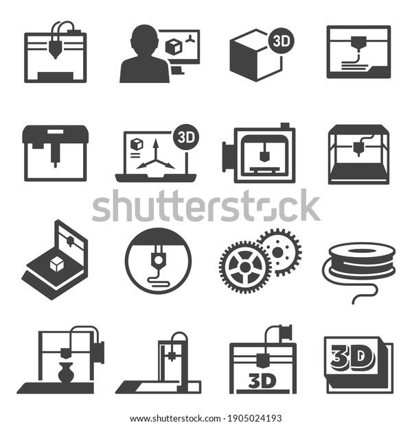 3D printing, additive manufacturing bold black\
silhouette icons set isolated on white. Fabber technology, printer\
pictograms collection. Production process vector elements for\
infographic, web.