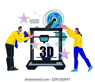 Banner de tecnología y servicios de impresión 3D o fabricación aditiva, ilustración vectorial plana aislada en fondo blanco. Construcción de impresoras 3D de objetos tridimensionales.