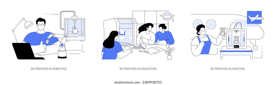 3D printing applications abstract concept vector illustration set. Using 3D model in robotics, students with 3d object, technology studies, aviation industry, airplane component abstract metaphor.