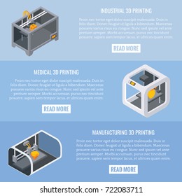 3D Printing Applications Vector Horizontal Banner Set. Industrial, Medical And Manufacturing 3d Printing Concept Design Elements, Website Templates. Flat Isometric Illustration.