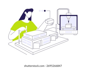 3D printing in architecture abstract concept vector illustration. Woman working with 3D architecture model, IT technology, project presentation, innovation equipment abstract metaphor.