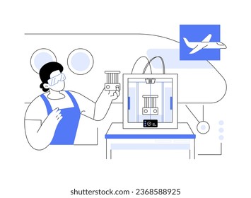 3D printing in aviation abstract concept vector illustration. Usage of 3D printing in aviation, modern IT technology, building airplane components, details manufacturing abstract metaphor.