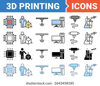 3D printing banner icon set with multiple style. Containing icon of technology, three-dimensional, laser melting, computer, additive and material icon vector illustration concept symbol collection.