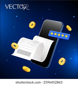 3d printing bill from smartphone, coins flying around, isolated on dark background with stars. Successful purchase or payment with cashback banner template. 3d vector illustration. Vector illustration