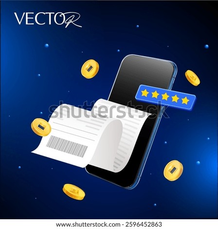 3d printing bill from smartphone, coins flying around, isolated on dark background with stars. Successful purchase or payment with cashback banner template. 3d vector illustration. Vector illustration