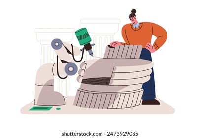 3D printing of building structures. Additive construction technology with using cement printer. Manufacturing of house, production of architectural models. Flat isolated vector illustration on white