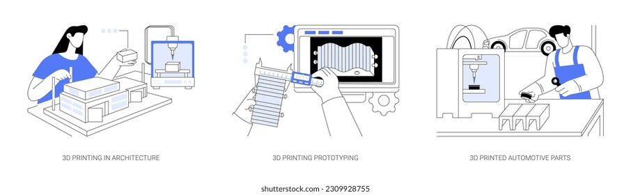 3D printing in business abstract concept vector illustration set. Architecture model, three-dimensional project presentation, prototyping in engineering, printed automotive parts abstract metaphor.