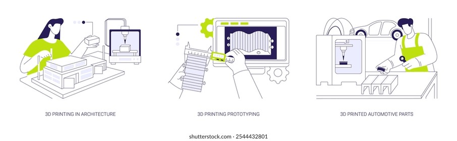 3D printing in business abstract concept vector illustration set. Architecture model, three-dimensional project presentation, prototyping in engineering, printed automotive parts abstract metaphor.