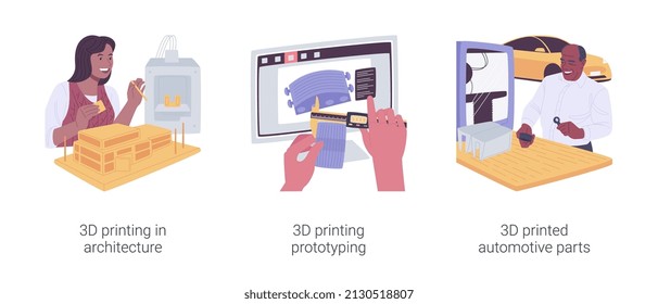 3D printing in business isolated cartoon vector illustrations set. Architecture model, three-dimensional project presentation, prototyping in engineering, printed automotive parts vector cartoon.