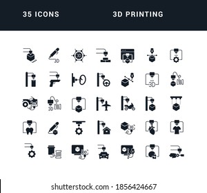 3D Printing. Collection of perfectly simple monochrome icons for web design, app, and the most modern projects. Universal pack of classical signs for category Technology.