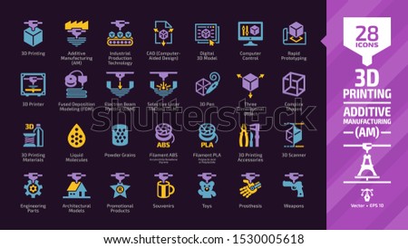 3D printing color icon set in dark mode with additive manufacturing (AM) print technology glyph symbols: printer machine, digital computer cad prototype, plastic cube model, materials, accessories.