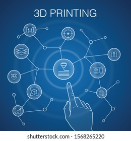3d printing concept, blue background. printer, filament, prototyping, model preparation icons