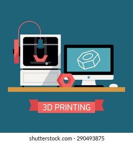 3D Printing Concept Design With Desktop Computer With Digital 3D Model On Screen, 3D Printer And Finished Prototype Object 