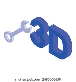 3d printing concept illustration with isometric technology, silver key, blue text, and innovative additive manufacturing