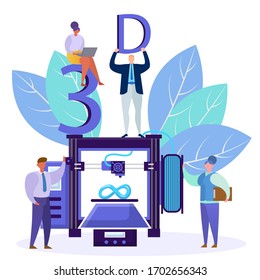 Concepto de impresión 3d con ilustración vectorial de caracteres personales. Equipo de impresora 3d con personas planas sobre fondo blanco aislado. Mujeres y hombres están parados cerca de la máquina con impresión 3D.