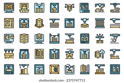 3D printing in construction icons set outline vector. Lab print. Business education thin line color flat on white