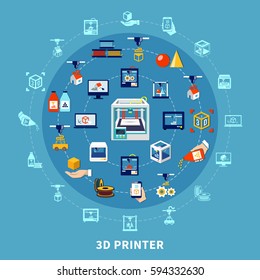 3d printing design composition with set of isolated decorative icons arranged in circle on blue background  flat vector illustration 